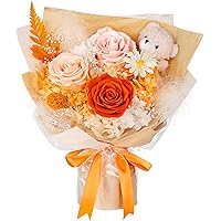 Preserved Flowers Bouquet with Bear, 3 Real Forever Flowers for Delivery, Long-Lasting Orange Eteranl Roses Bouquet Birthday 