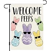 DLZDN Easter Bunny Garden Flag Welcome Peeps Flag 12×18 Inch Double Side Vertical Burlap Farmhouse Yard Sign Spring Holiday Outdoor Decoration