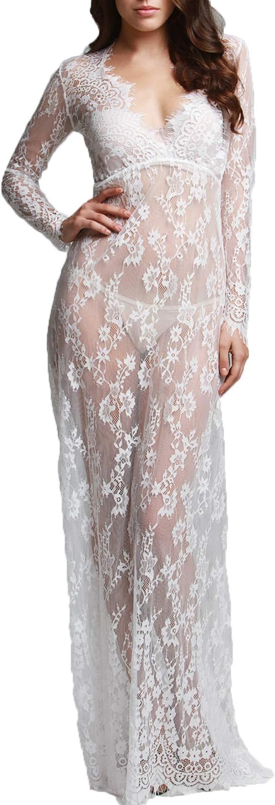Wispun Sexy Deep-V Long Sleeve Lace Beach Dress See-Through Mullet Dress