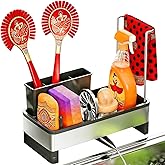 Thesurfpait Sponge Holder for Kitchen Sink, Stainless Steel Sink Caddy with Brush Holder, Dishcloth Rack and Holds Soap Dispenser, Auto-Drain Rustproof Countertop Organizer (Black)