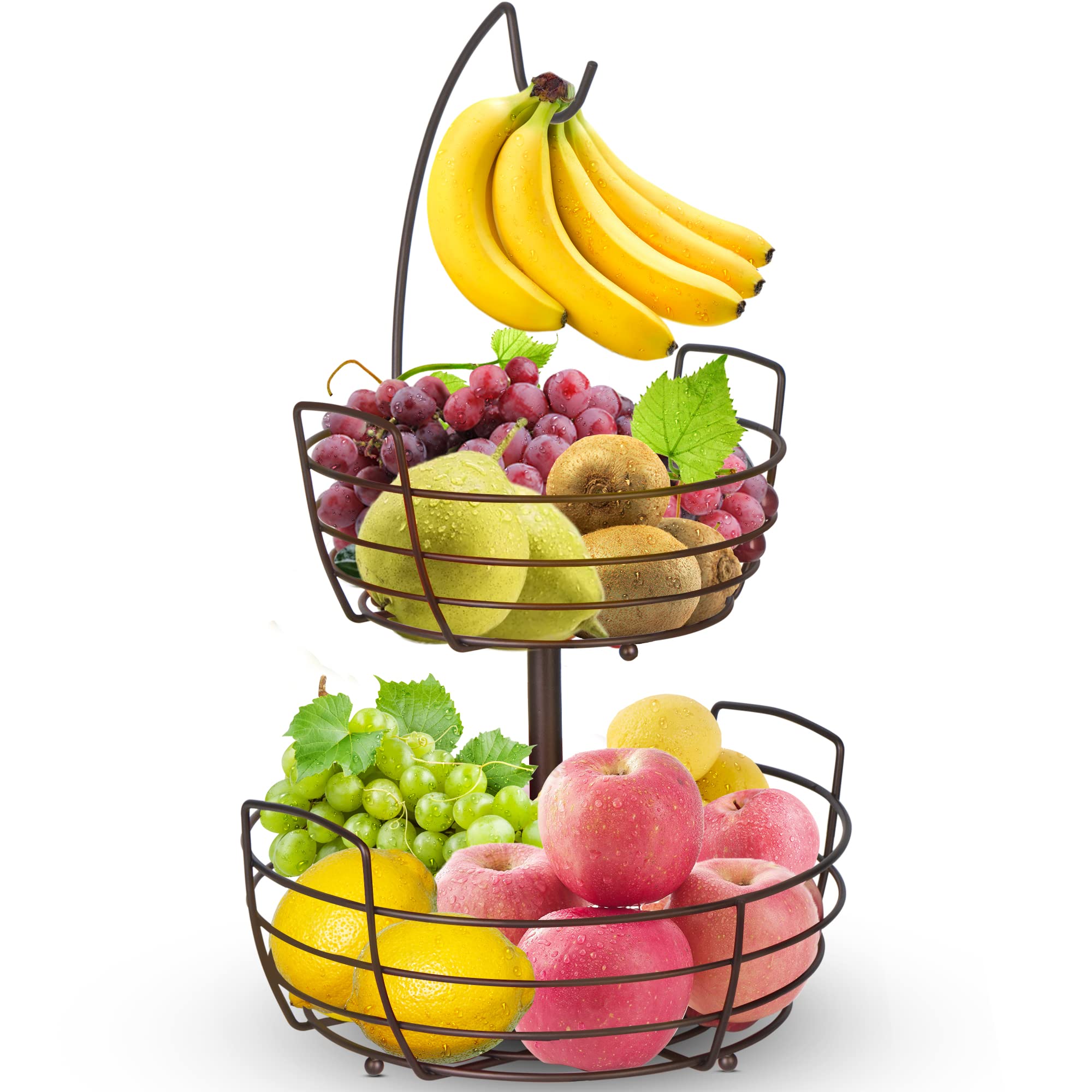 Bomclap Fruit Bowls Fruit Basket 2 Tier Fruit Bowl with Banana Holder, Bread Basket Vegetable Rack, Bronze