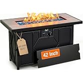 42 inch Propane Fire Pit Patio Outdoor Fire Pit Table Large Rectangular | Propane Fire Pit with Lid and Glass Rock for Patio, Backyard, Garden, Black