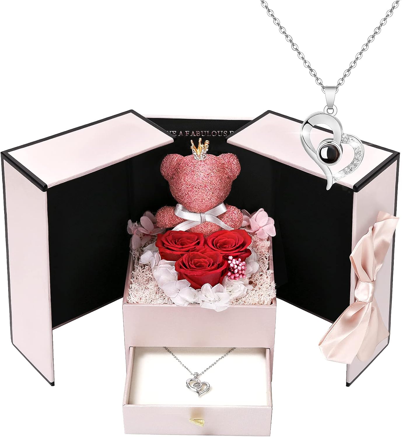 Dried & Preserved Flora - Birthday Gifts for Women,Red Preserved Flowers Rose Gifts for Mom, Christmas Mother Gifts for Her from Daughter Son,Womens Gift for Christmas,Real Rose Flower Gift with Cute Bear,Necklace for Mom,Wife