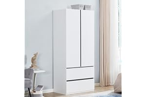 Idealcabin Closet 2 Doors Armoire Wardrobe Closets White Storage Cabinet Closet Cabinet with Hanging Rod Bedroom Armoires for Clothes Wood Wardrobe with 2 Drawers (20.4" D x 31.5" W x 74.2" H)