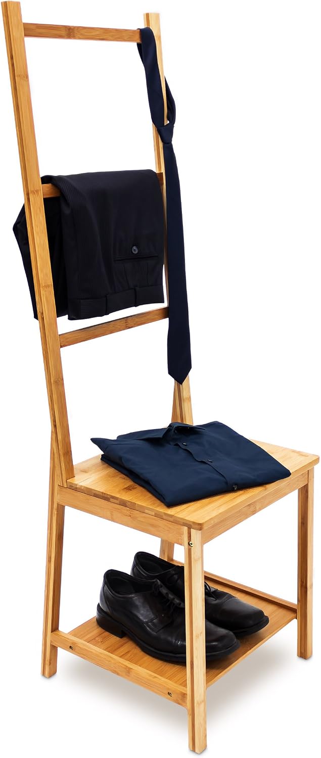 Relaxdays Free-Standing Bamboo Towel Holder, 40 x 105 x 27 cm, 3 Rails and 1 Shelf, Clothes Stand, Natural Brown