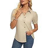 GRACE KARIN Women's Cotton Linen Blouse V Neck Puff Short Sleeve Button Down Work Summer Tops