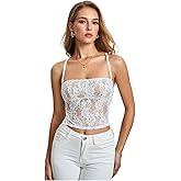 MakeMeChic Women's Floral Lace Sheer Camisole Spaghetti Strap Lace Up Backless Tank Crop Top