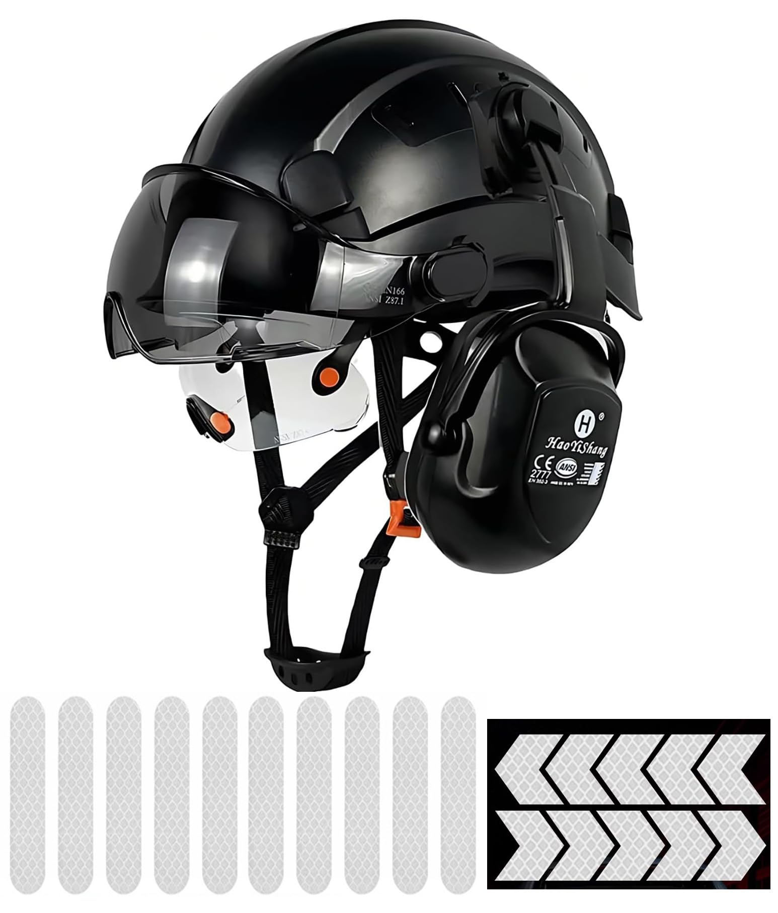HaoYiShang Industrial Safety Helmet with Visor Ear defenders Muffs Protection Double goggles Hard Hat Vented OSHA Hardhats construction Work Head Protection Black Helmets with Reflective stickers