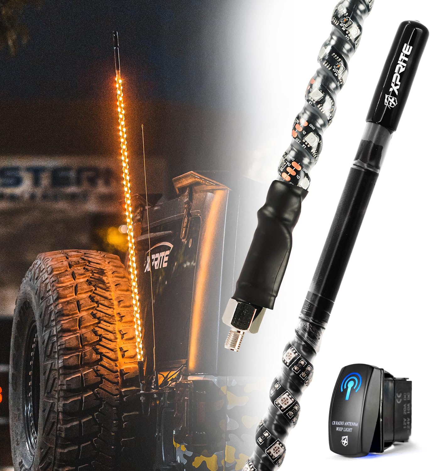 Xprite Rocker Switch Xprite GMRS Radio Antenna with 4FT Amber LED Whip Light, Safety ...