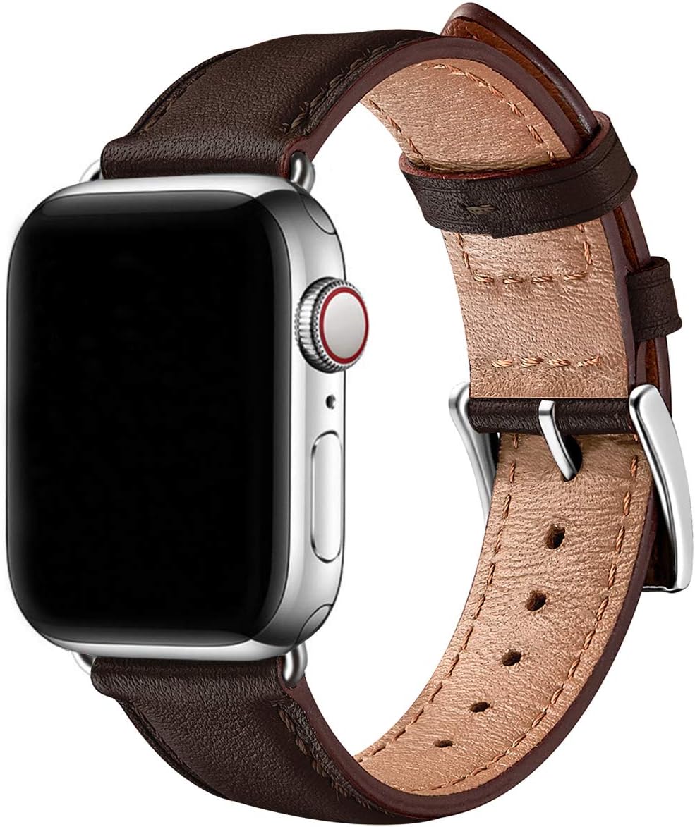 SUNFWR Leather Straps for Apple Watch Straps 40mm 41mm 38mm 42mm(Series 11 10),Men Women Replacement Genuine Leather Strap for iWatch Series Ultra 11 10 9 8 7 6 5 4 3 2 1/SE,Cofee/Silver