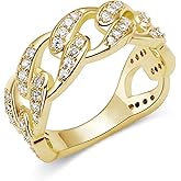 BSMCXB 14k Gold Plated Curb Cuban Style Cz Band Ring, Iced Out Cubic Zirconia Cuban Link Chain Ring For Men