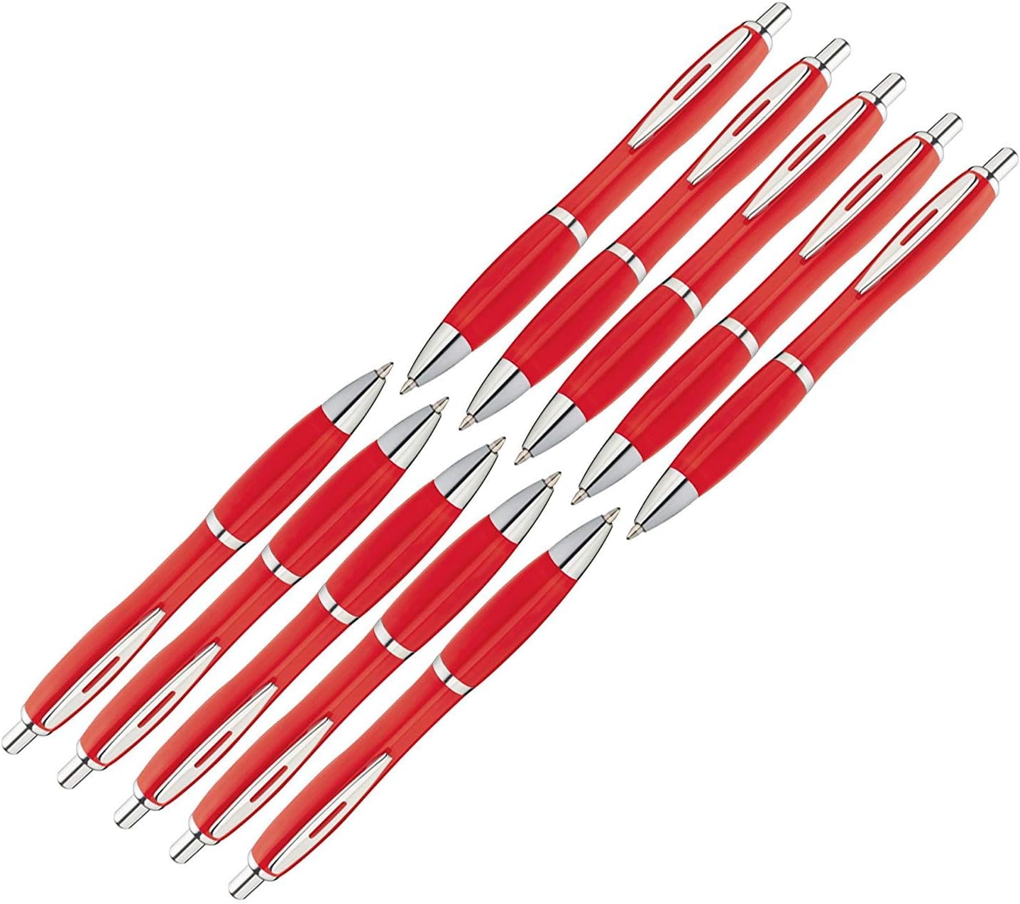 eBuyGB Pack of 10 Ballpoint Pens Blue Ink Retractable Push Button Pen, Red, 1 count (Pack of 10)