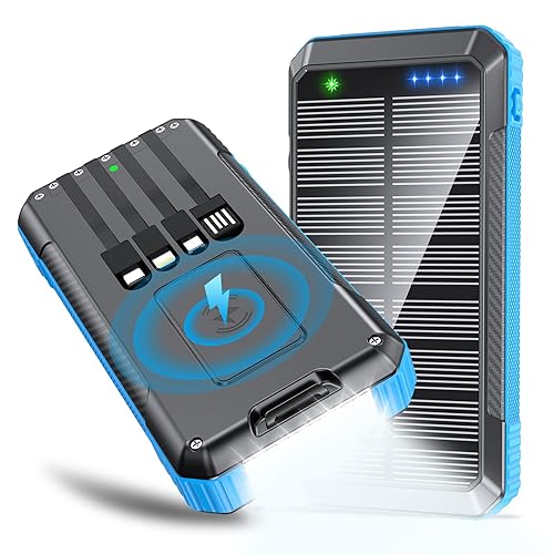 DJKK Solar Power Bank Wireless Charger 33800mAh Built in Cables and LED  Camping Lights Fast Charging Power Bank Outputs Inputs Portable 