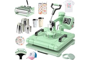 Slendor 8 in 1 Heat Press Machine 15x15 inch 360-Degree Swing Away Digital T Shirt Pressing Machine Multifunction Heat Transfer Sublimation Combo for T Shirts Mugs Hat Plate Cap, Green