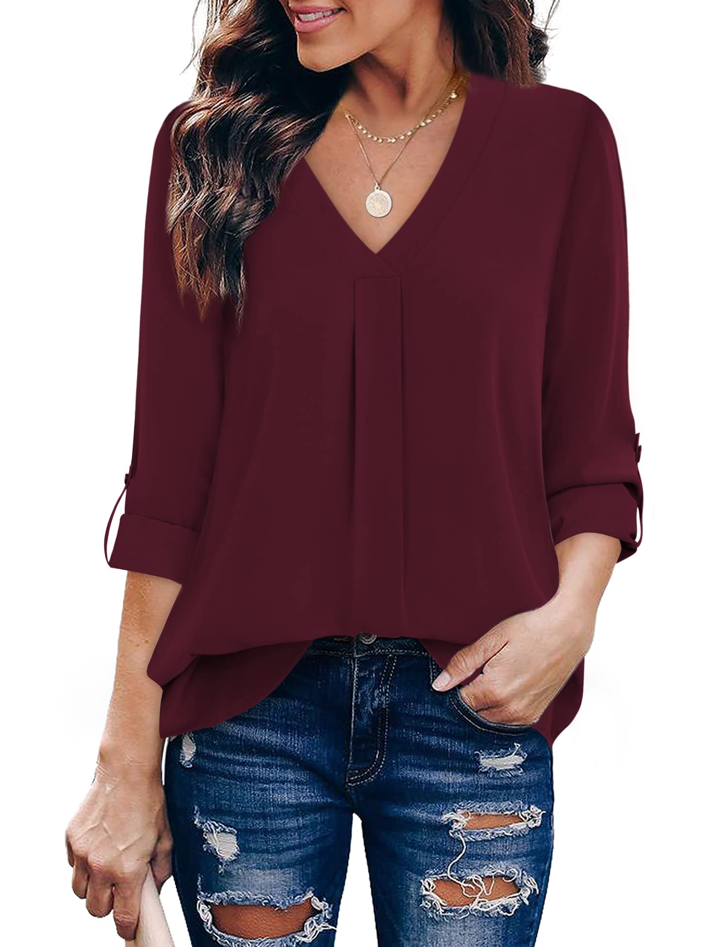 Photo 1 of *SHORT SLEEVE*_______Youtalia Womens Blouses and Tops Dressy, Juniors Chiffon Top Roll Sleeve V Neck Tunic Pleats Curved Hem Easy Fit Button Down Shirts Dark Red small