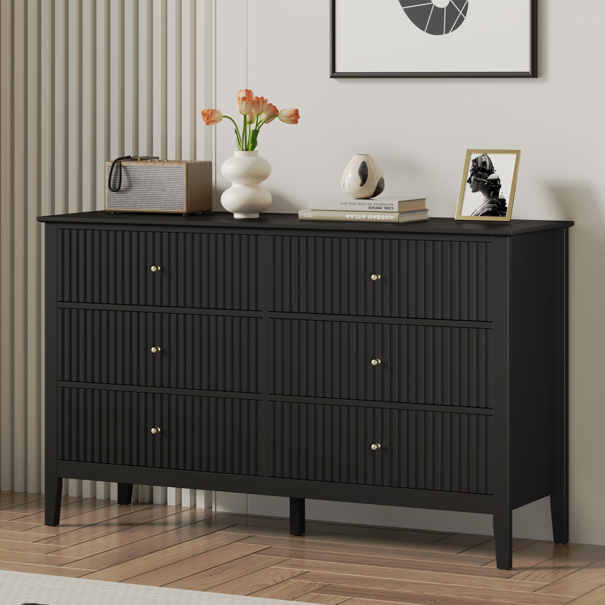Photo 1 of RoyalCraft Black 6 Drawer Dresser, Fluted Modern Wood Dresser, Double Chest of Drawers for Bedroom, TV Stand Storage Cabinet for Living Room