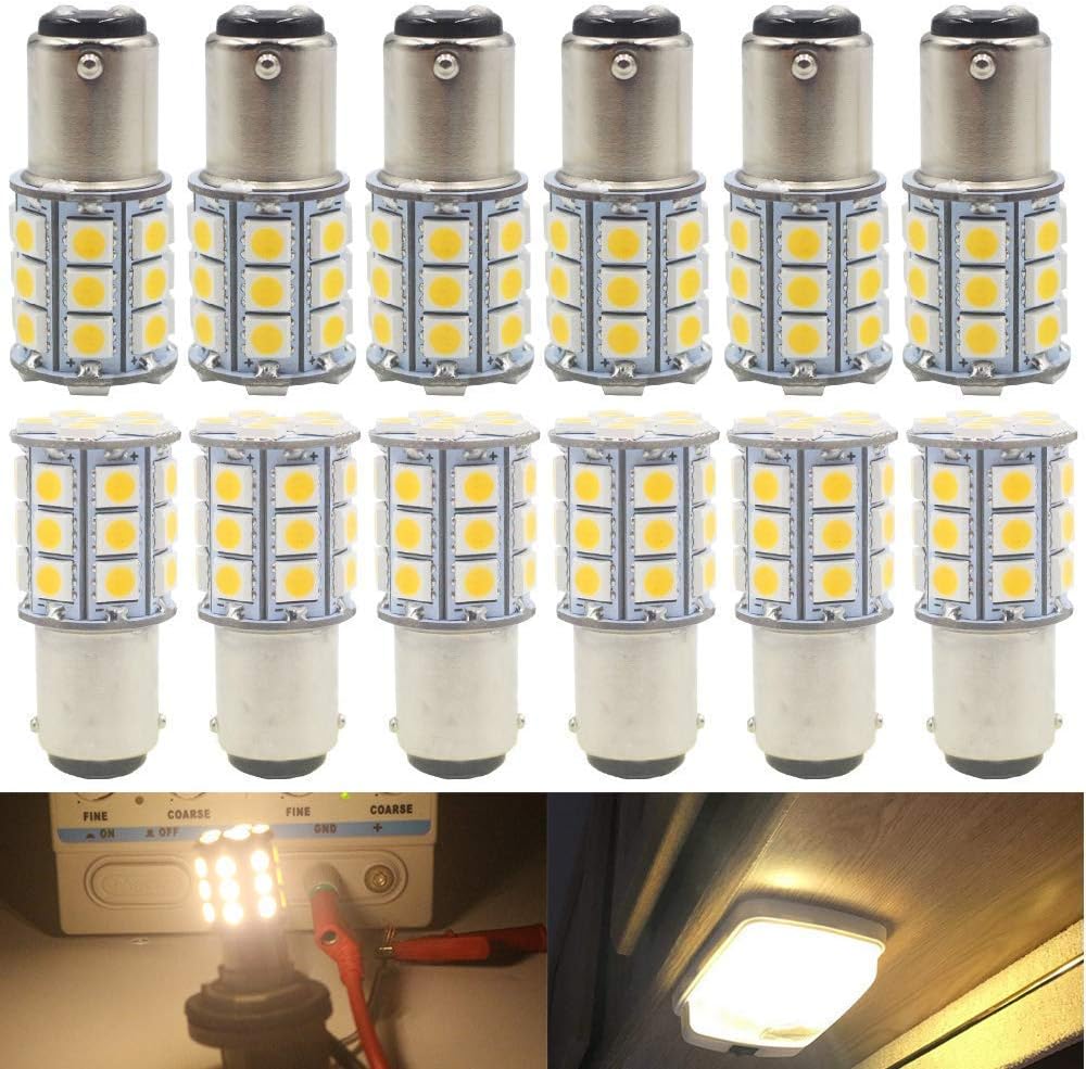 ALOPEE 12-Pack BA15D 1142 Soft Warm White 3000k LED Light 12V-DC, 5050 27 SMD Car Replacement For Interior RV lighting Camper Turn Signal Light Lamps Tail BackUp Bulbs