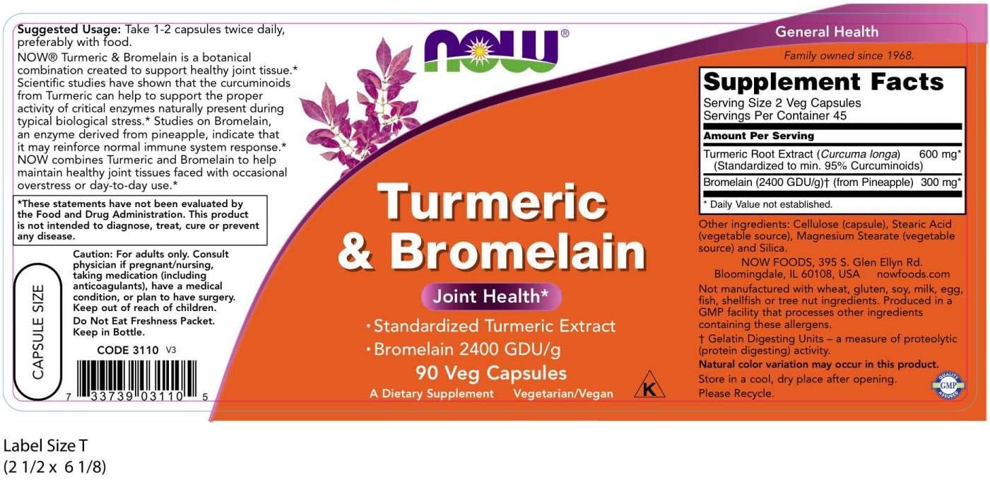 NOW Supplements, Turmeric & Bromelain (Standardized Turmeric Extract) with Bromelain 2400 GDU/g, 90 Veg Capsules: Health & Personal Care