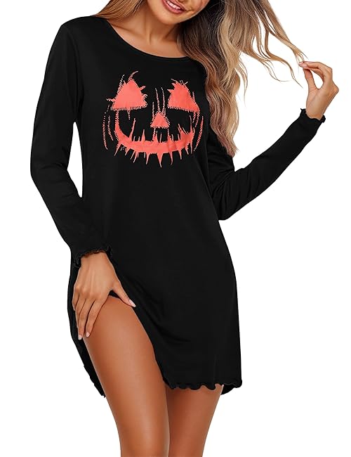 Demegimi Women’s Cotton Halloween Nightdress – Long Sleeve Round Neck Skull Print Sleepwear, Soft & Comfy Nightie for Autumn & Winter Deep Black