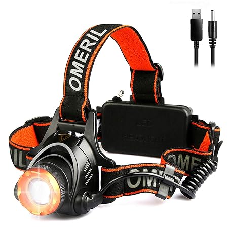 LED Stirnlampe Wasserdicht OMERIL LED Kopflampe 2000 Lumen Super Hell USB Wiederaufladbare Headlight, 3 Helligkeiten, 90° Ver