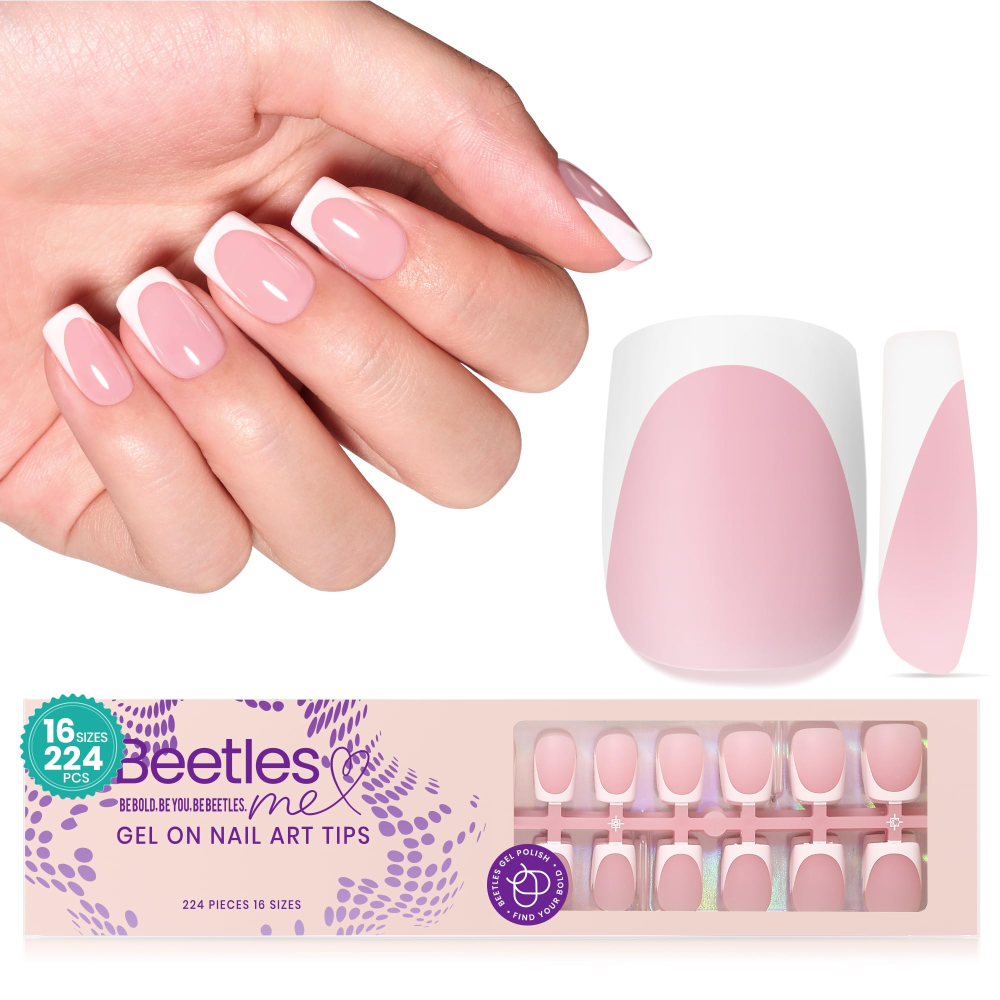 Photo 1 of Beetles French Tip Press On Nails: 224 Pcs Pink Short Square 4 in 1 Nail Tips 16 Sizes, Pre-Applied Primer and Base Coat, No File Need DIY Manicure