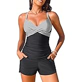 Womens Tankini Swimsuits with Shorts - Two Piece Tummy Control Bathing Suits Top with Two Pockets Swim Bottom