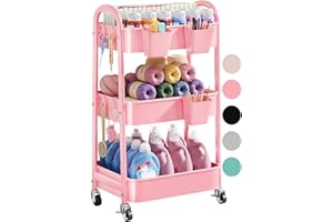 OSIVAEX 3 Tier Rolling Storage Cart Metal with Wheels, Pink Three Tiered Craft Cart Organizer on Wheels, Utility Carts for Baby Nursery, Diaper Caddy, Art, Book, Snack, Nail, Makeup, Bathroom Supplies, Mesh