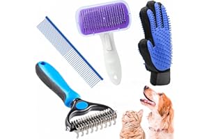 Crafterlife Dog Grooming Kit with Self Cleaning Slicker Brush, Pet Hair Remover Massage Gloves, Shedding Dematting Steel Comb for Long & Short Haired Cats Dogs, 4 Count