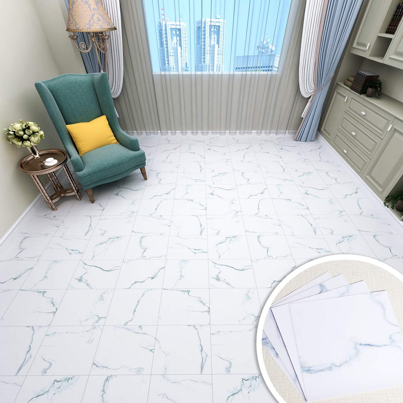 VEELIKE 4 Pcs 11.8" x 11.8" Marble White Flooring Peel and Stick Tiles