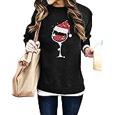 SUPEYA Women Red Wine Glass Christmas Sweatshirt Funny Christmas Pullover Xmas Santa Hat Graphic Blouse Tshirt Tops