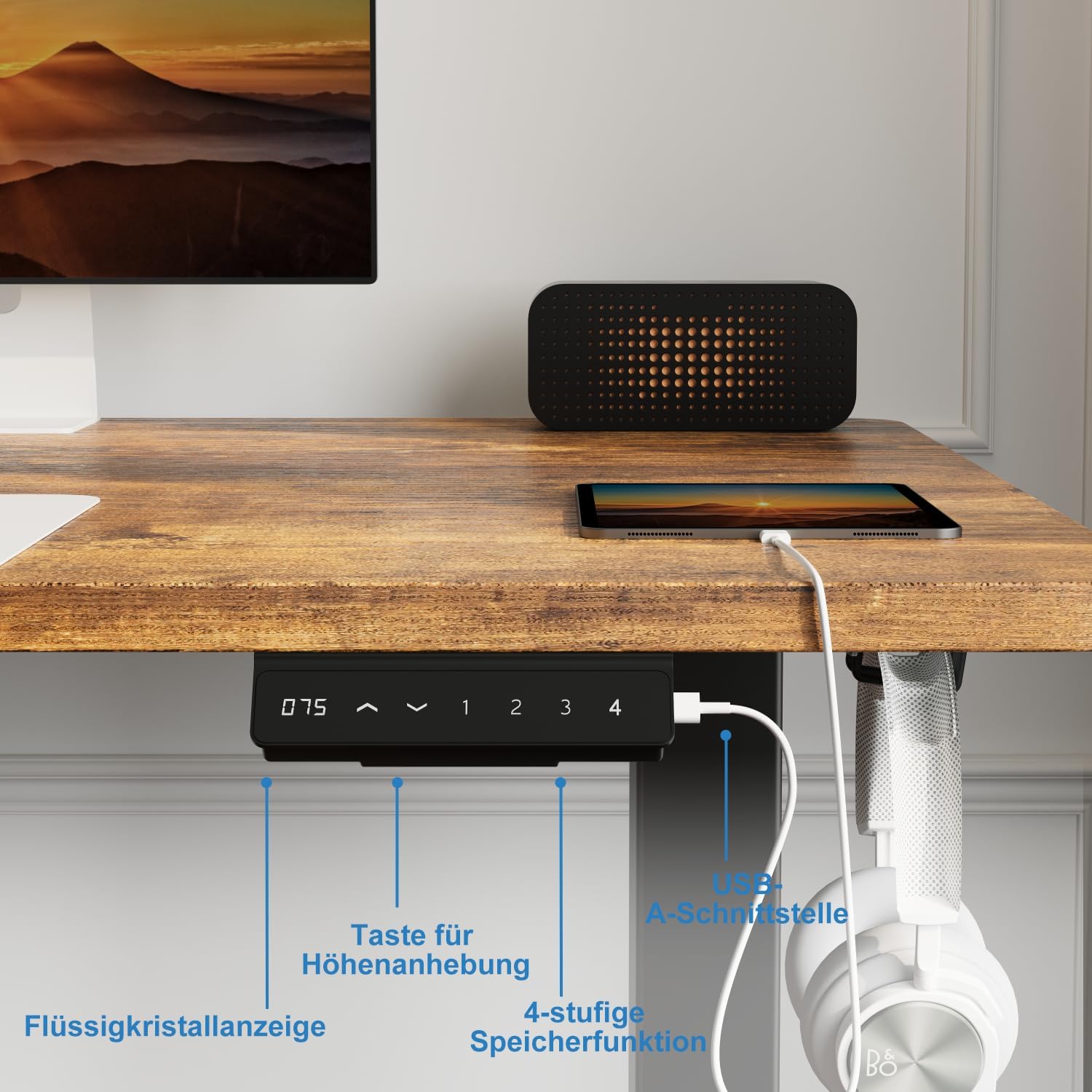 Devoko Höhenverstellbarer Schreibtisch mit 2 Motoren，25mm Einteilige Tischplatte, 160x80 cm Mobiler Elektrisch Computertisch mit Kabel Management, Vintagebraun - Perfekte Ergonomie für Dein Büro 5