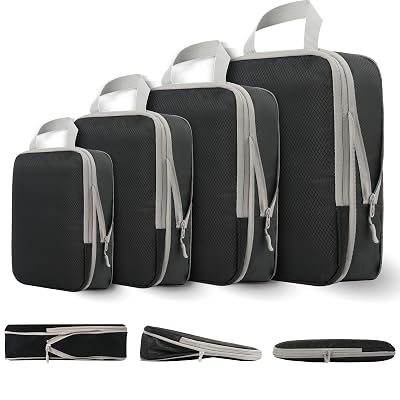 Compression Packing Cubes for Travel, 4 Set Expandable Packing Organizers, Lightweight Luggage Organizer Bags, Travel Essentials for Carry on, Handy Helper for Organizing Clothes,Black