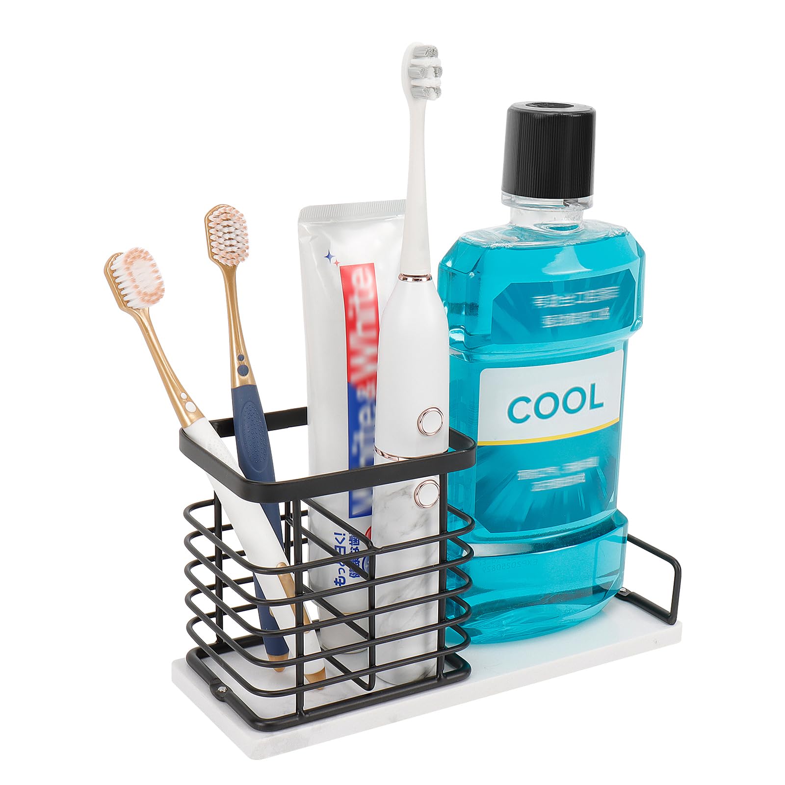 Photo 1 of HarJue Toothbrush Holder, Luxurious Metal Toothbrush Toothpaste Holder with Marble Base for Bathroom, Multi-Slots Openwork Design, Bathroom Accessory for Storage and Organizer (Large, Matte Black)