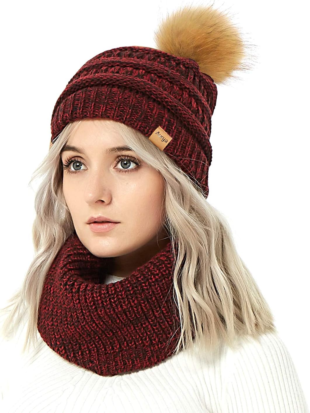 Aurya Womens Winter Warm Cable Knit Pom Pom Beanie Hat Cap and Infinity Scarf Set