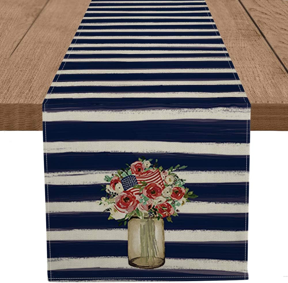Artoid Mode Watercolor Strips Rose Flowers American Flag Table Runner, 4th of July Patriotic Memorial Day Independence Day Holiday Kitchen Dining Table Runners for Home Party Decor 13 x 72 Inch