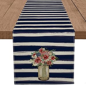 Artoid Mode Watercolor Strips Rose Flowers American Flag Table Runner, 4th of July Patriotic Memorial Day Independence Day Holiday Kitchen Dining Table Runners for Home Party Decor 13 x 72 Inch