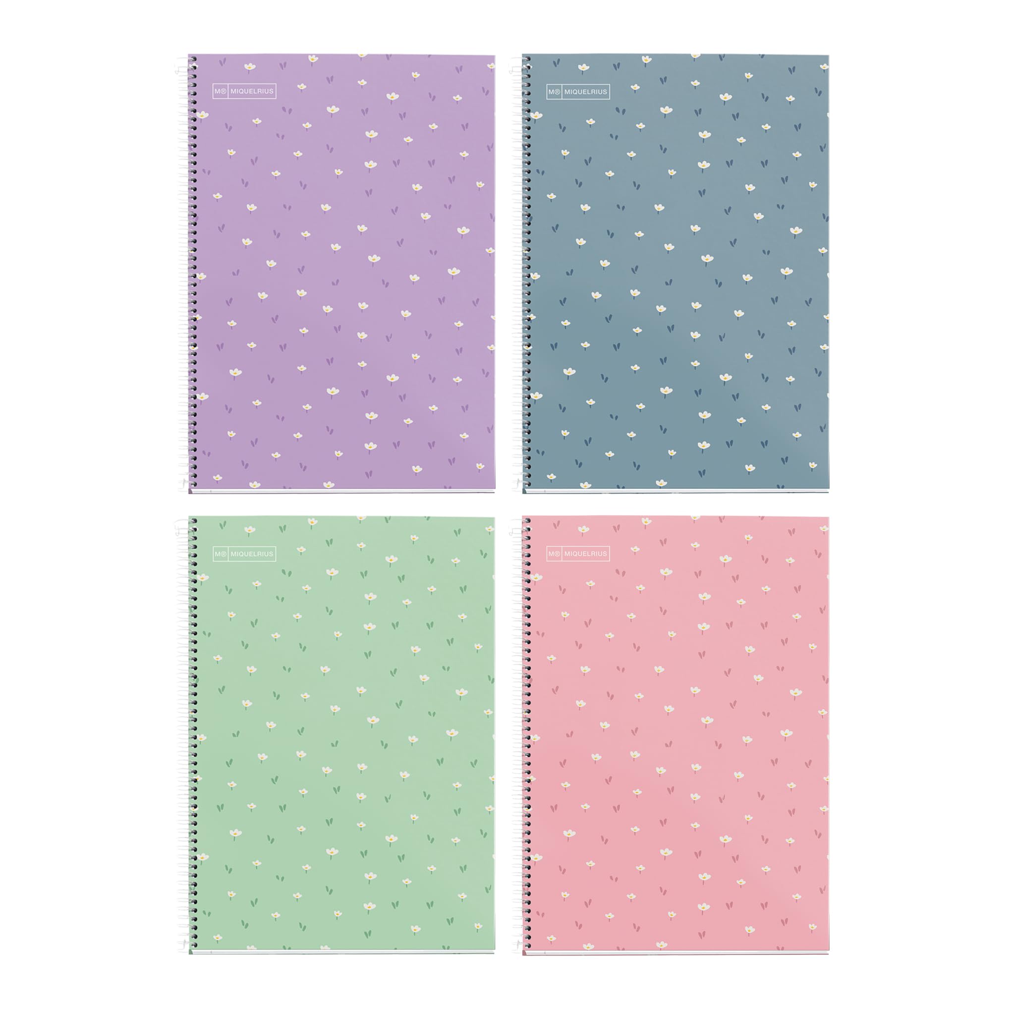Miquelrius - Pack of 4 school notebooks 4x4mm, folio size (215 x 309 mm), 80 sheets of 90 g/m², 4 mm grid with margin, spiral bound, hard cover, design flowers