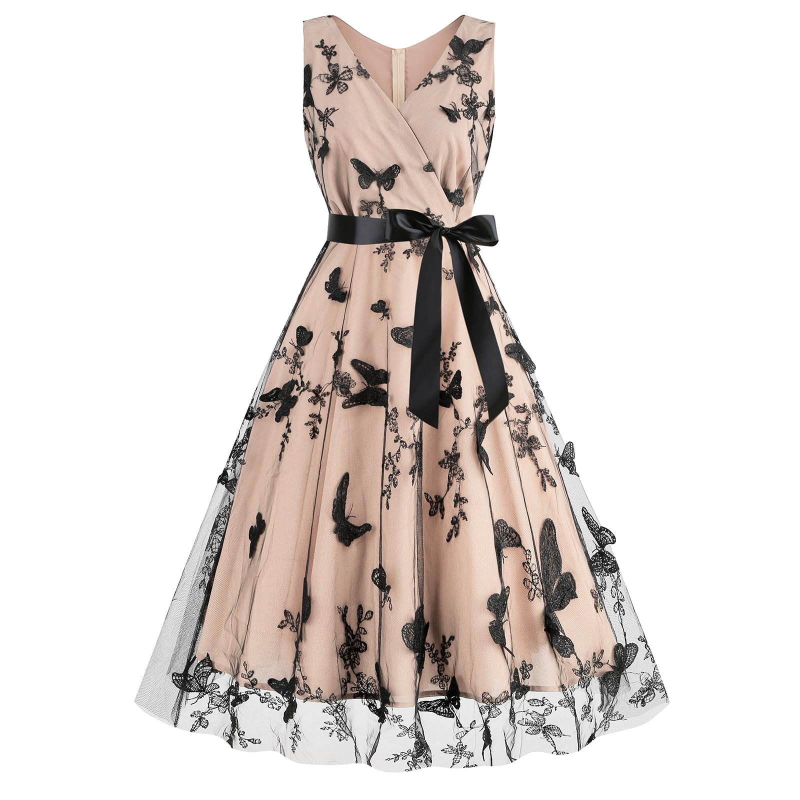 Photo 1 of 50s Dresses for Women Vintage Embroidery A Line Dresses for Women Cocktail Dresses Wedding Guest Evening Party Vacation Summer Swing Dress Sleeveless Sun Dresses Apricot Butterfly Wrap V Neck L
