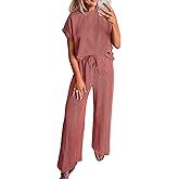 KIRUNDO 2 Piece Sets for Women Dressy Casual Ribbed Knit Short Sleeve Tops Wide Leg Pants Lounge Set Travel Airport Outfits