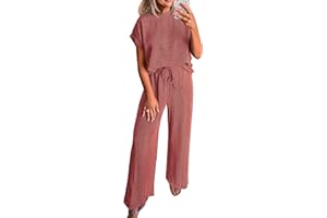 KIRUNDO Summer Sets Women 2 Piece Outfits Casual Ribbed Knit Short Sleeve Tops Wide Leg Pants Lounge Set Travel Tracksuit