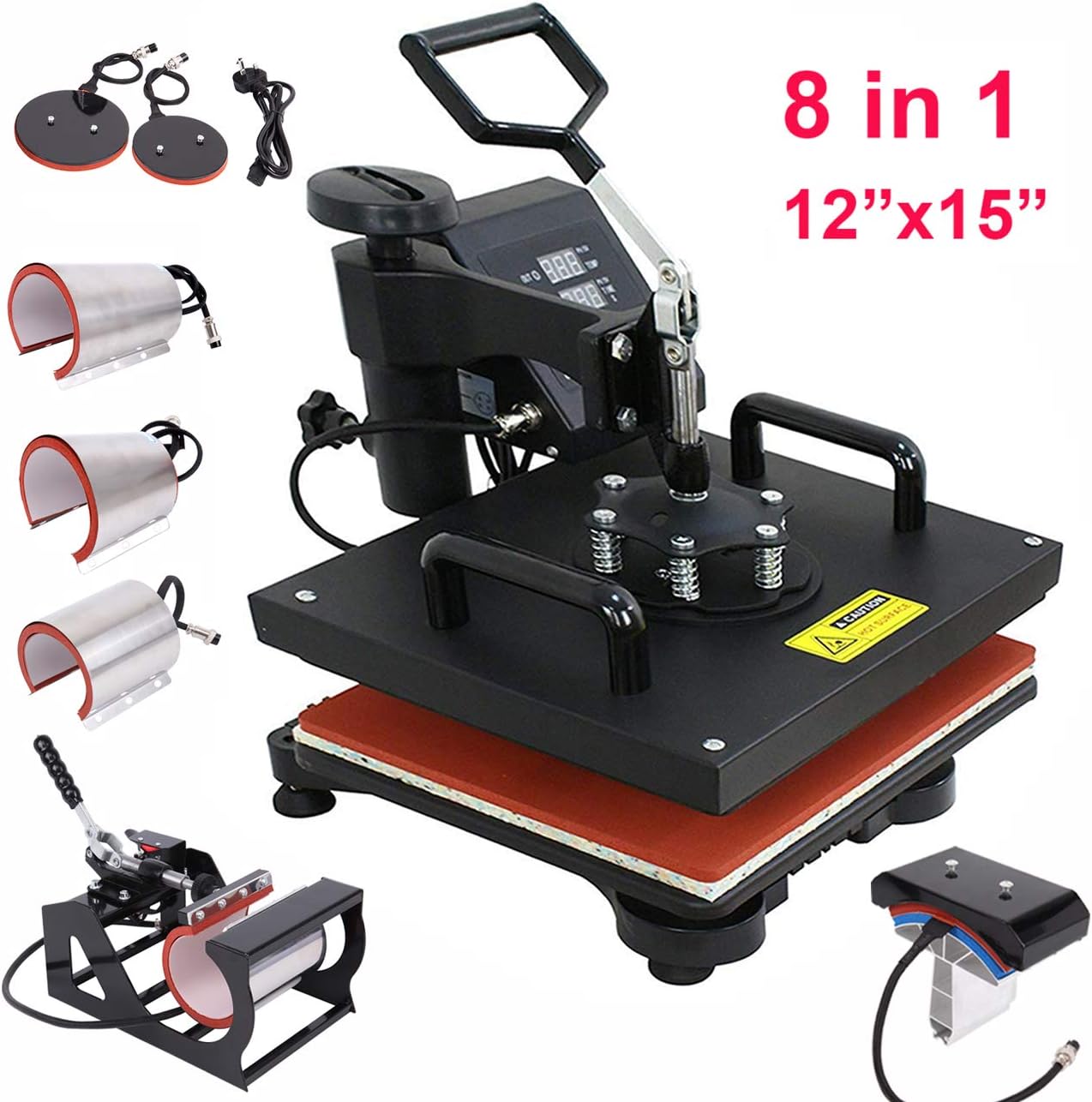 Iglobalbuy 8 in 1 T-Shirt Heat Press Machine Professional Digital Transfer Sublimation 360 Degree Swing-Away Multifunction Transfer Machine Printer for Plate Mug Cup Hat 12 X 15 Inch