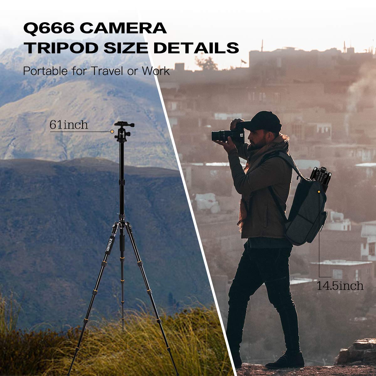 ZOMEi Q666 Tripod Magnesium Aluminum Alloy Light Weight Portable Camera Tripod 14.5inch Travel Folding Size with Ball Head and Carrying Case for Canon Nikon Sony Cameras