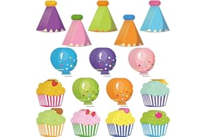 YEXIYA 60 Pieces Colorful Cupcake Cutouts Birthday Classroom Bulletin Board Decorations Creative Cupcake Balloons Cutouts Name Tags for Classroom Door Decorations(Cupcake, Hat, Balloons)