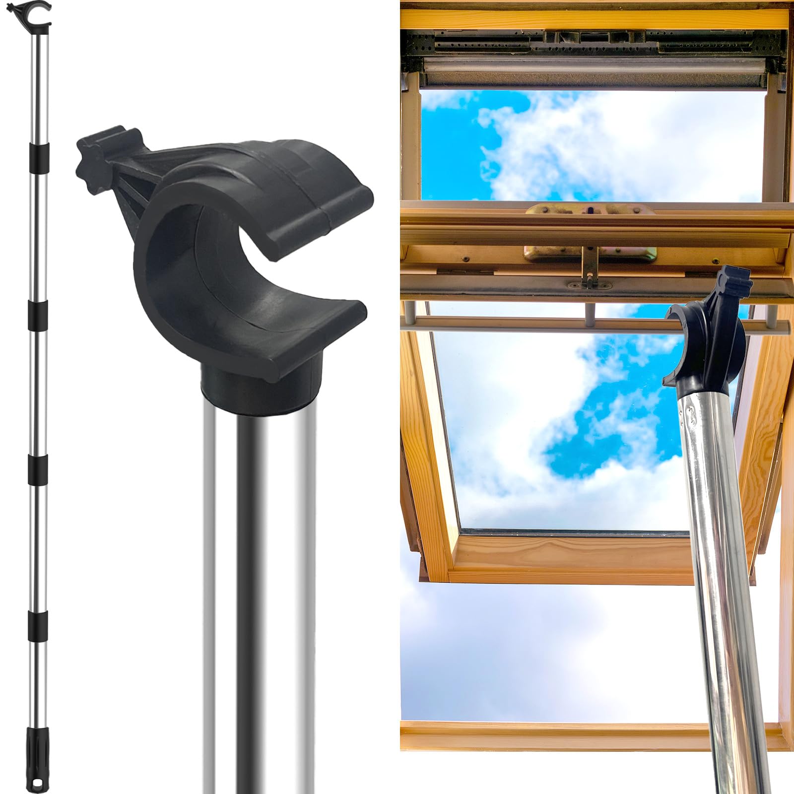 Window Pole Opener - Compatible with Vertical/Horizontal Sliding Windows, for Velux GGL & GGU Skylight Roof Windows, Stainless Steel Multi - Part Loft Hatch Pole with Hook (1.84m)