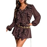 MakeMeChic Women's Chiffon Ruffle Mini Dress Y2k Long Sleeve V Neck Boho Going Out Dresses