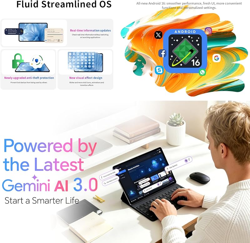 ArtPad Tablet 13.2 Pollici 2.2K 120Hz Tablets Android 16, T7300 2.2GHz Octa-Core, 10000mAh/18W, 48GB RAM+128GB(8TB TF), 4G LTE Doppio SIM 5G WiFi, Widevine L1/GPS/BT5.4, Gemini AI Tablet 2026