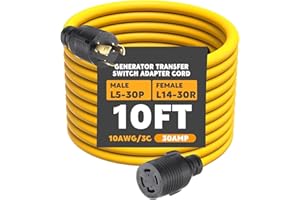Kanayu 10ft Generator Transfer Switch Adapter Cord Compatible with NEMA L5-30p to L14-30r, 30 Amp Locking 3 Prong to 4 Prong Adapter Rv Generator to House Inlet Box, STW 10 Awg, Etl Listed