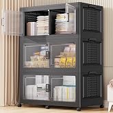 BROVIEW 600Qt Stackable Storage Bins with Lid for Room Closet, 3Pack,Black | Extra Large, Box Shelves, Multi-Compartment, Collapsible Closet Organizers and Storage Cabinet with Wheels Doors Dividers
