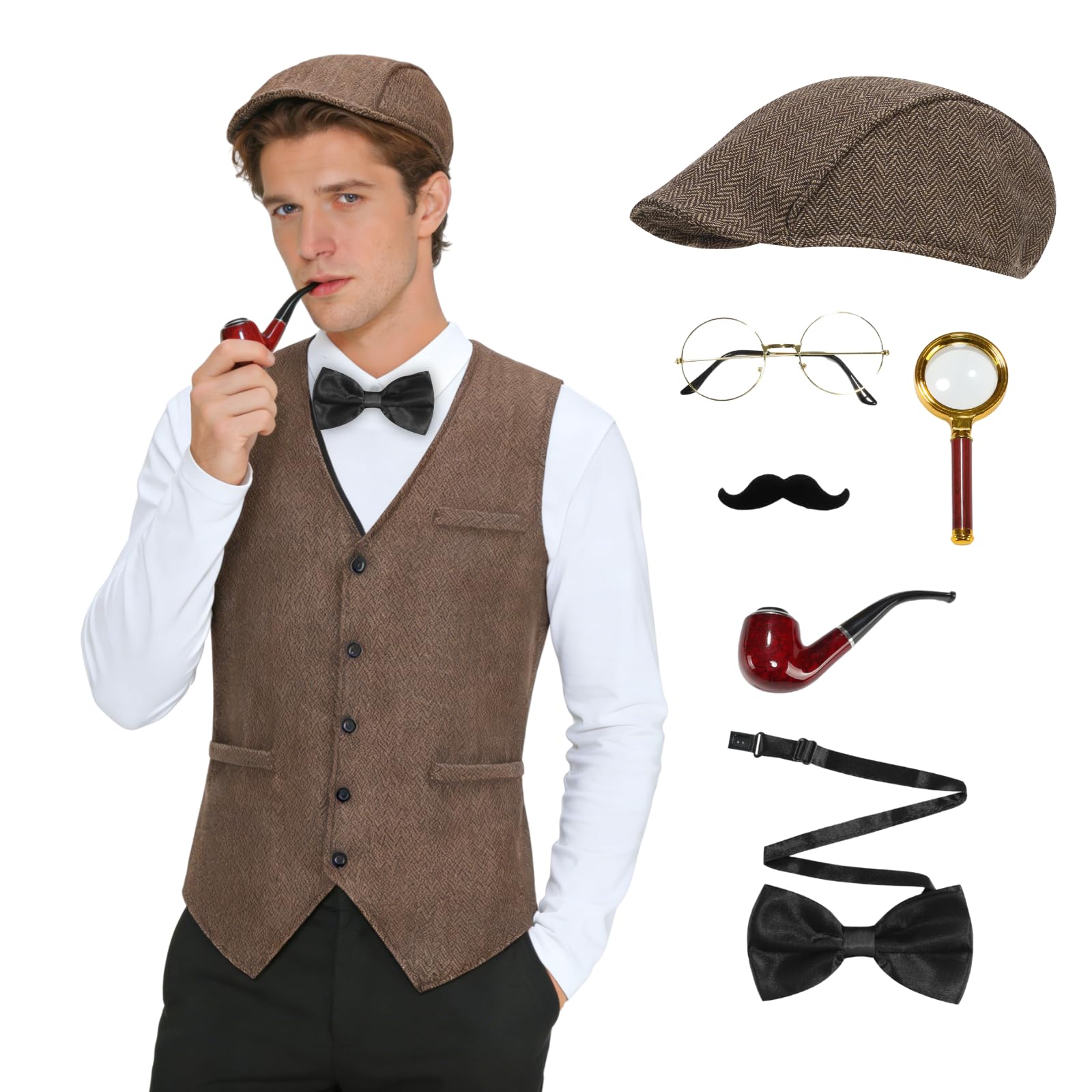 7-Piece Victorian Detective Costume Set for Adult Men Waistcoat, Detective Hat, Magnifying Glass, Glasses, Mustache & Bowtie Perfect for World Book Day, Halloween, Performances(Light Brown, S) — image 1