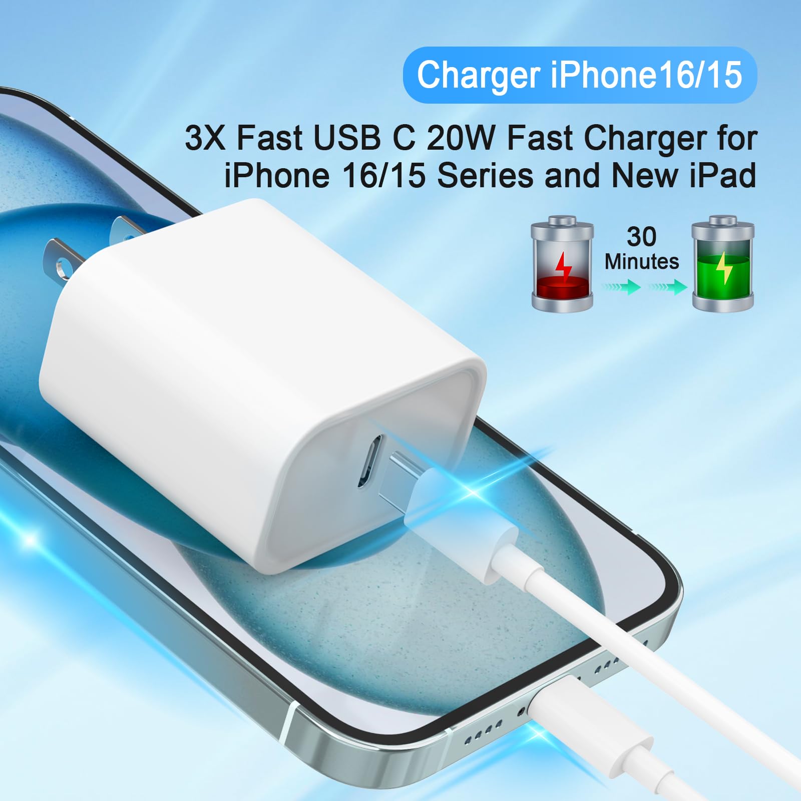 iPhone 17 16 15 Charger, USB C Charger, 4-Pack Fast Wall Charging, USB-C Chargers Block (4-Pack 6 ft Cable Included) for iPhone 17 Pro/Pro Max Air/16 15 Pro/Pro Max/Plus/iPad Pro/AirPods Samsung